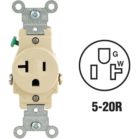 Leviton Straight Blade Receptacle, 5-20R, 20 A, 125V AC, 2 Pole, 3 Wire, Grounded S11-5801-KIS